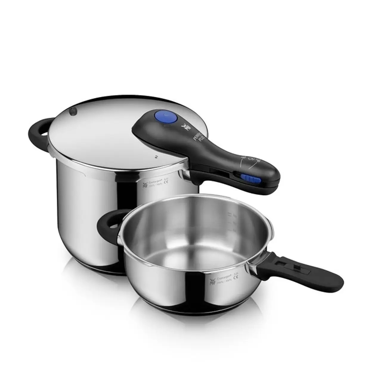 WMF Perfect Plus One Pot Schnellkochtopf Set Induktion 2-teilig Dampfkochtopf 6,5 L + 3 L großes Kochsignal, 2 Kochstufen, abnehmbarer Deckelgriff, Einhand-Kochstufenregler, Cromargan Edelstahl poliert | Schnellkochtöpfe