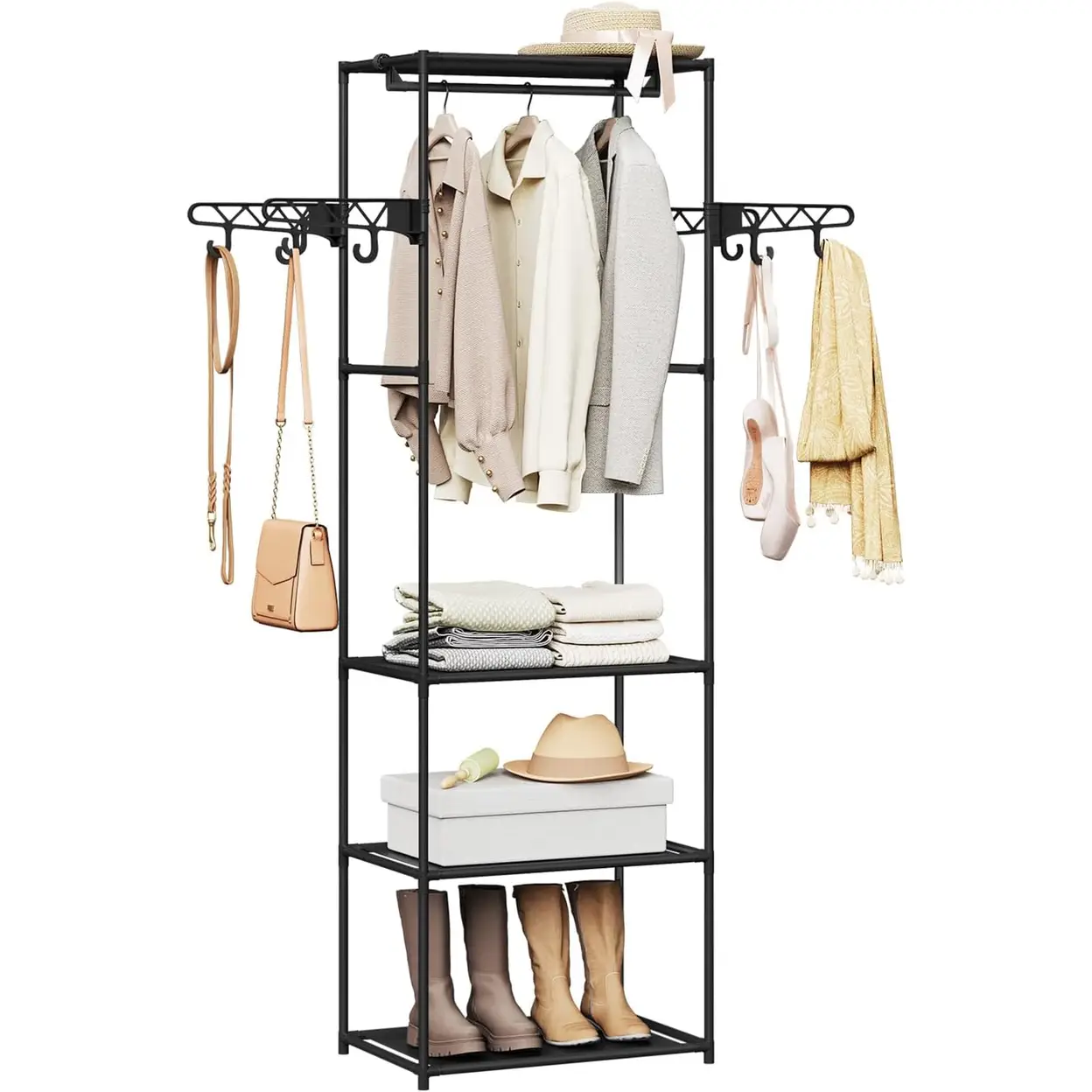 Woltu Kleiderständer, Kleiderschrank offen, freistehende Garderobe, mit Kleiderstange Ablagen Haken, für Schlafzimmer Wohnzimmer, 53,5 × 171 × 35,5 cm, Schwarz | Kleiderschränke & Kleiderständer