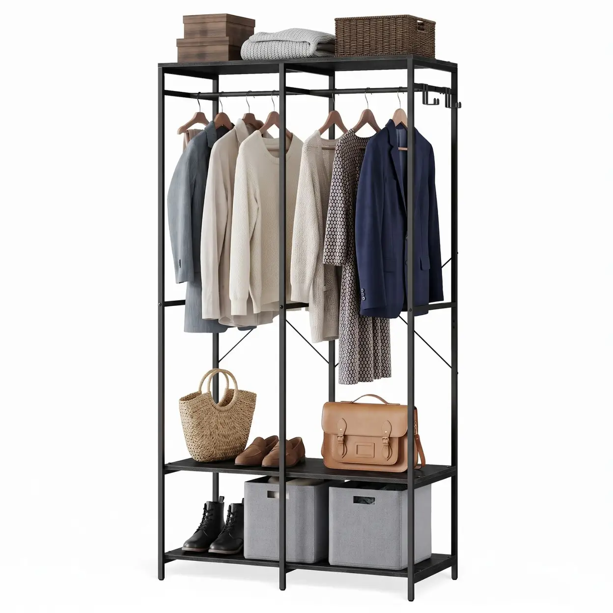 SONGMICS Offener Garderobenständer mit Ablagen, Kleiderstange und abnehmbaren Haken, Schlafzimmer Schwarz 40 x 94,5 x 180 cm | Kleiderschränke & Kleiderständer