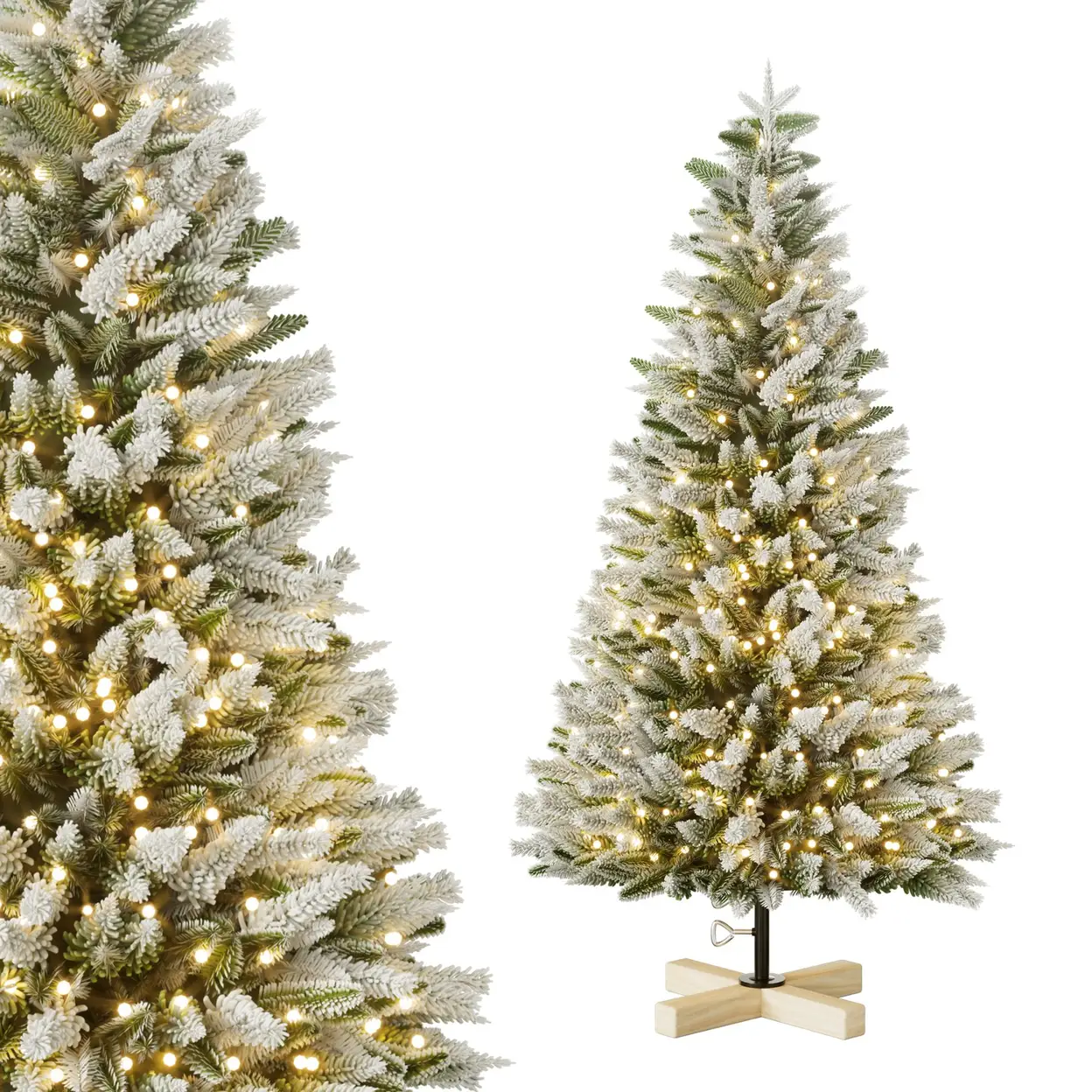 Künstlicher Weihnachtsbaum Mit Schnee Tanne Naturweiß Beflockung, PE und PVC Material, Mit Holzständer Tannenbaum Künstlich Festdekoration für Flur, Wohnzimmer und Schlafzimmer Mit LED 150cm | Weihnachten