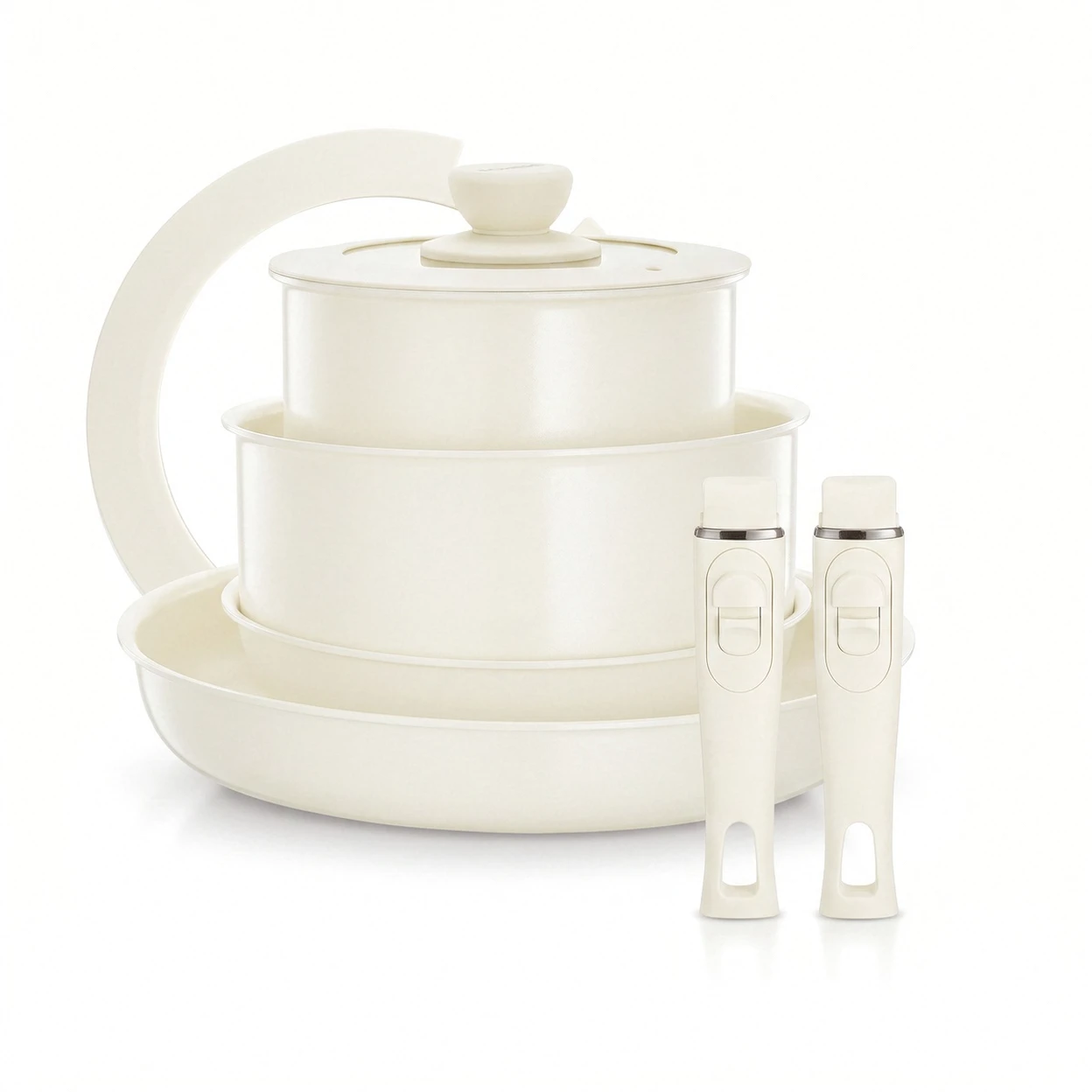 Topfset Pfannenset 8-Teilig mit 2 Abnehmbaren Griffen Und 2 Deckel Pfanne 20/28CM, Topf 2.6/1.4L, Induktions Töpfe Set Für alle Herdarten, Spülmaschinenfest Und ofenfest, Beige | Topf- & Pfannensets