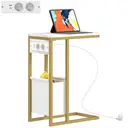 HOMCOM Table d'appoint avec station de charge, bout de canapé étroit forme C avec sac de rangement en tissu, plateau aspect marbre, cadre en acier, table basse pour salon, chambre, 46x25x62,5cm, blanc image 0