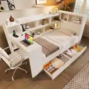 Merax Single Daybed with Bookcase & Computer Desk, 3FT Sofa Bed with Storage, Drawers & USB Type-C Port, 90 x 190 cm Multi-functional Wooden Bed Frame for Living Room/ Bedroom, White (No Mattress)  image 4