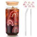 Alphynix 1pc Rainbow Love Glass Tumbler, 500ml Valentine‘s Day Gift with Colorful Hearts & Dots, Glass Straw & Wood Lid, Romantic Iced Drink Cup for Her/Him image 1