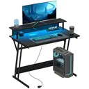 HOMCOM Gaming Desk with LED Lights and Power Outlets, 100 x 60cm Z Shaped Computer Desk with Monitor Stand and Steel Frame, PC Gaming Table for Home Office, Black image 0