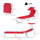 Outsunny Transat Bain de Soleil Pliable Chaise Longue Pliante Grand Confort Dossier Inclinable Multi-positions et Pare-Soleil réglable Dim. 187L x 58l x 36H cm rouge image 2