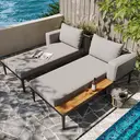 Modular Outdoor Double Chaise Lounge with Wooden Side Panels, Waterproof Cushions, Sturdy Iron Frame, for Patio & Poolside  image 6