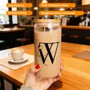Alphynix 1pc Modern Glass Cup, 500ml Tall Iced Coffee Glass with Monogram "W" Design, Bamboo Lid & Straw, Cold Drink Tumbler for Iced Tea, Juice, Boba image 3