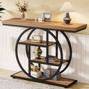 Tribesigns Table console 105 cm, Table derrière canapé industrielle à 4 niveaux pour entrée avec base circulaire, Table d'appoint étroite en bois avec étagères de rangement pour salon, couloir, entrée, Marron clair image 1