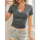 Women's Summer Sexy Short Sleeve Tshirt Tops Deep V Neck Shirts Casual Slim fit Basic T-Shirt Tee (grey， M) image 2