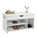 Ochama x SONGMICS Storage Bench with Cushion, Shoe Bench with Padded Seat, Entryway Bench with 3 Compartments, Hidden Storage, Shelves, White image 1