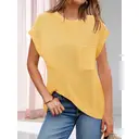 T-shirt en tricot vert militaire style vintage pour femme – Col rond, poche unique, manches courtes ; ample, épaules tombantes, coupe slimming pour l'été Jaune Taille S image 1