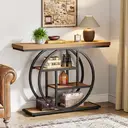 Tribesigns Table console 105 cm, Table derrière canapé industrielle à 4 niveaux pour entrée avec base circulaire, Table d'appoint étroite en bois avec étagères de rangement pour salon, couloir, entrée, Marron clair image 4