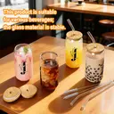 Alphynix 1pc Modern Glass Cup, 500ml Tall Iced Coffee Glass with Monogram "J" Design, Bamboo Lid & Straw, Cold Drink Tumbler for Iced Tea, Juice, Boba image 2