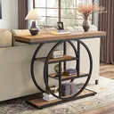 Tribesigns Table console 105 cm, Table derrière canapé industrielle à 4 niveaux pour entrée avec base circulaire, Table d'appoint étroite en bois avec étagères de rangement pour salon, couloir, entrée, Marron clair image 3