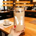 Alphynix 1pc Modern Glass Cup, 500ml Tall Iced Coffee Glass with Monogram "M" Design, Bamboo Lid & Straw, Cold Drink Tumbler for Iced Tea, Juice, Boba image 2