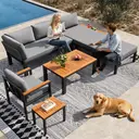 Modular Outdoor Sofa Set with Free Combination, Aluminium Frame, Breathable Cushions, Wooden Coffee Table & Side Table, for Patio, Garden & Backyard  image 5