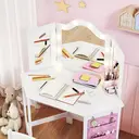 AIYAPLAY Kids Dressing Table and Stool Set, Girls Vanity Table with 2-Colour LED Lights, Tri-Folding Mirror and Side Storage Pocket, Children Makeup Desk for Ages 3-8 Years, White image 2
