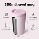 Bottle Bottle Insulated Travel Mug 350ml Stainless Steel Office Coffee Cup with Push Button Lid Keeps Cold and Hot for 8 Hours (Pink) image 2