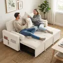 HOMCOM Canapé convertible 2 places 3 en 1, canapé-lit capitonné, lit gigogne double, dossier réglable, 2 coussins et poches d'accoudoirs, tissu aspect lin, pour chambre, beige image 7