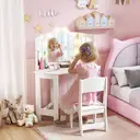 AIYAPLAY Kids Dressing Table and Stool Set, Girls Vanity Table with 2-Colour LED Lights, Tri-Folding Mirror and Side Storage Pocket, Children Makeup Desk for Ages 3-8 Years, White image 5