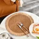 Papyrus + Papyrus Tassel Khaki，6pcs Boho Natural paper Round Placemats with Fringe - 38cm Farmhouse Table Mats for Indoor & Outdoor Dining, Hand Wash Only, Boho Dining Decor, Textured Table Setting,paper Composition image 3