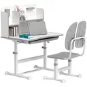 AIYAPLAY Kids Desk and Chair Set, Height Adjustable Children School Study Desk, Student Writing Desk with Tiltable Desktop Drawer, Pen Slot, Reading Rack for Ages 3-13 Years, Grey image 0