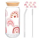 Alphynix Gobelet en verre avec couvercle en bambou et paille 500 ml - Arc-en-ciel et cœurs image 0