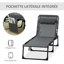 Outsunny Chaise longue pliable bain de soleil transat de relaxation dossier inclinable 5 niveaux tétière amovible pochette latérale intégrée revêtement textilène acier dim. 189x58x30cm gris image 6
