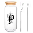 Alphynix 1pc Modern Glass Cup, 500ml Tall Iced Coffee Glass with Monogram "P" Design, Bamboo Lid & Straw, Cold Drink Tumbler for Iced Tea, Juice, Boba image 0