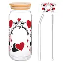 Alphynix 1pc “You Are My Soulmate” Glass Tumbler, 500ml Clear Cup with Red Hearts & Bird Design, Includes Wood Lid & Glass Straw, Valentine‘s Day Gift for Couples image 0