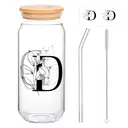 Alphynix 1pc Modern Glass Cup, 500ml Tall Iced Coffee Glass with Monogram "D" Design, Bamboo Lid & Straw, Cold Drink Tumbler for Iced Tea, Juice, Boba image 0