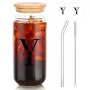 Alphynix 1pc Modern Glass Cup, 500ml Tall Iced Coffee Glass with Monogram "Y" Design, Bamboo Lid & Straw, Cold Drink Tumbler for Iced Tea, Juice, Boba image 1