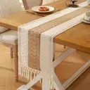 Boho Table Runner 5pcs table runner and placemat, Farmhouse Rustic Dining Kitchen Centerpiece Decor Small Macrame Woven Coffee Table Runner for Dresser Scarf Home Decor 12x72 inch*1,12.5*16.5inch*4 , Ivory&Brown image 2