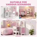 AIYAPLAY Kids Dressing Table and Stool Set, Girls Vanity Table with 2-Colour LED Lights, Tri-Folding Mirror and Side Storage Pocket, Children Makeup Desk for Ages 3-8 Years, White image 1