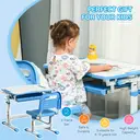 HOMCOM Kids Desk and Chair Set, Height Adjustable Student Writing Desk, Children School Study Table with Tiltable Desktop, Drawer, Pen Slot, Hook - Blue image 2