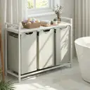 JOYFURNOS Panier à linge, Corbeille à linge à 3 compartiments, Sacs intérieurs coulissants et amovibles, Trieur de vêtements, Cadre en métal, 3 x 40 L, 92,5 x 33 x 72 cm, Blanc crème et blanc mat image 3