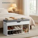 Ochama x SONGMICS Storage Bench with Cushion, Shoe Bench with Padded Seat, Entryway Bench with 3 Compartments, Hidden Storage, Shelves, White image 4
