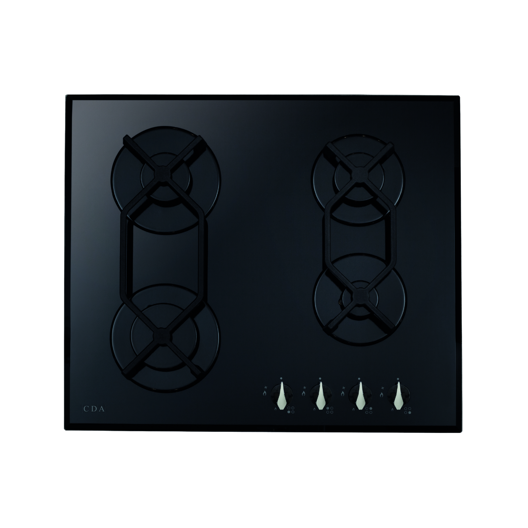 CDA HVG621BL 60cm Black Glass 4-Burner Gas Hob – Cast-Iron Pan Supports image 1