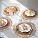 Papyrus + Papyrus Tassel Khaki，6pcs Boho Natural paper Round Placemats with Fringe - 38cm Farmhouse Table Mats for Indoor & Outdoor Dining, Hand Wash Only, Boho Dining Decor, Textured Table Setting,paper Composition image 2