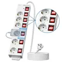 Dewenwils stekkerdoos met 6 stopcontacten en 2 USB-poorten, individueel geschakeld, brede afstand en 90° stopcontacten, overbelastingsbeveiliging en kinderbeveiliging, 3680 W/16 A, 3 m kabel, wit image 0