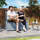 Outsunny 2 Seater Garden Storage Bench, 164L Outdoor Storage Box with Backrest Flower Pattern, Wooden Garden Bench with Armrests, 125 x 68.5 x 97cm, Grey image 1