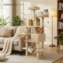 SONGMICS Arbre à chat avec 13 poteaux à griffer, 1 rampe, 2 perchoirs, 2 niches, panier, hamac, pompons, beige - 168 cm image 1