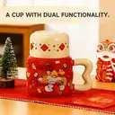 Tasse en céramique rouge avec couvercle beige, motif ourson et chance - 400 ml image 1