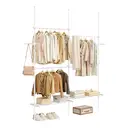 eSituro Teleskop-Kleiderständer, freistehender Kleiderschrank von Boden bis Decke mit 3 Kleiderstangen, 2 Regalen und Seitenhaken, offener Kleiderschrank mit Kleiderstange, Weiß image 1