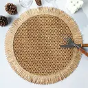 Papyrus + Papyrus Tassel Khaki，6pcs Boho Natural paper Round Placemats with Fringe - 38cm Farmhouse Table Mats for Indoor & Outdoor Dining, Hand Wash Only, Boho Dining Decor, Textured Table Setting,paper Composition image 5