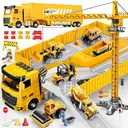 Friction-Powered Musical Container Truck Set (Comes with 6 Alloy Engineering Vehicles, Alloy Crane Tower, Catapult Function, Music Buttons and Engineering Scene Accessory Pack) image 0