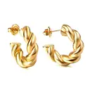 Gold Tone Chunky Twisted Rope C-Shape Hoop Earrings, Textured Stainless Steel Open Hoops image 1