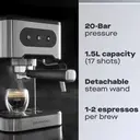 DAEWOO Espresso Coffee Machine with Steam Wand, 20Bar, Silver & Black - SDA2698GE image 1
