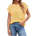 T-shirt en tricot vert militaire style vintage pour femme – Col rond, poche unique, manches courtes ; ample, épaules tombantes, coupe slimming pour l'été Jaune Taille S image 0
